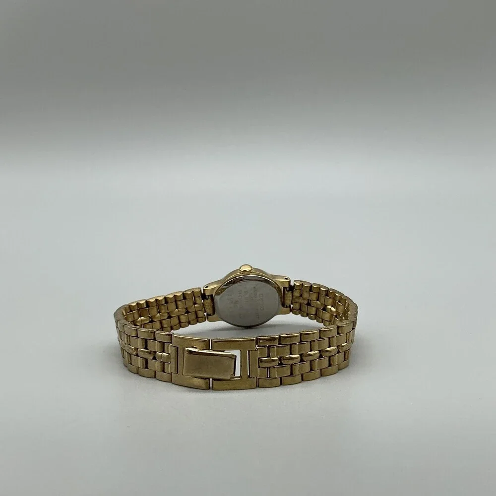 Seiko V401-0511 Womens Watch 19mm Black Dial Gold Tone New Battery 6.75